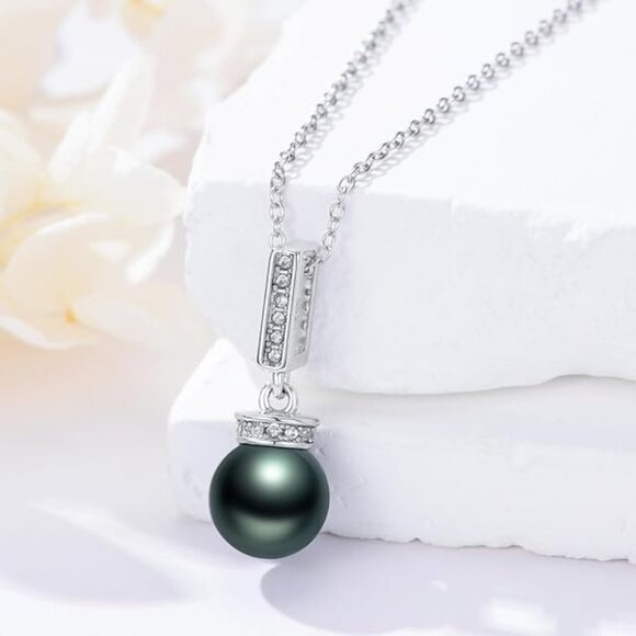 9-10mm Tahitian Pearl Necklace, Sterling Silver, Moissanite, 18+2" - Picture 4 of 8